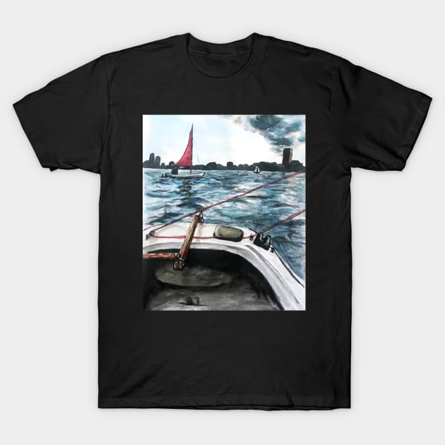 Sailing in Boston Watercolor T-Shirt by Lady Lilac